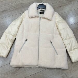 Tahari Cream Puffer Jacket with Shearling Front